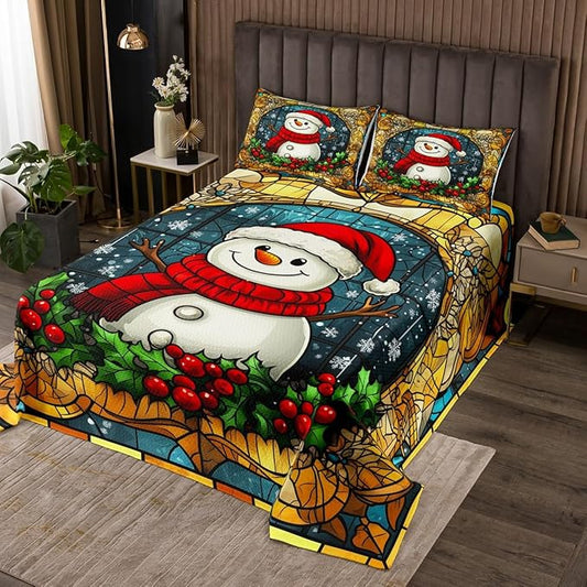 Cartoon Snowman Kid Bedspread King Size,Merry Christmas Happy New Year Snowflake Coverlet Set,Boys Girls Room Decor,Poinsettia Flower Plaids Quilted Coverlet,Xmas Cute Bedding Quilt,2 Pillowcases