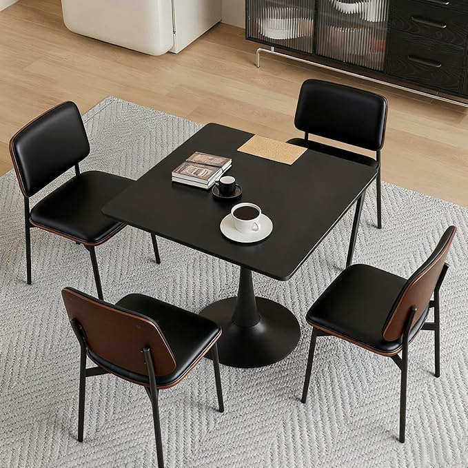 Square Dining Table, 31.5" Tulip Table with Thickened Tabletop & Metal Pedestal, Mid Century Modern Bistro Table for Kitchen, Small Places, Living Room, Cafe (Black)