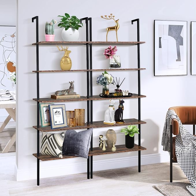 5 Tier Wall Mounted Ladder Shelf, Ladder Bookshelf with Metal Frame and Wood Shelf, Modern Learning Bookcase for Living Room, Bedroom, Office (23.6" W x 11.8" D x 70.8" H, Rustic Brown)