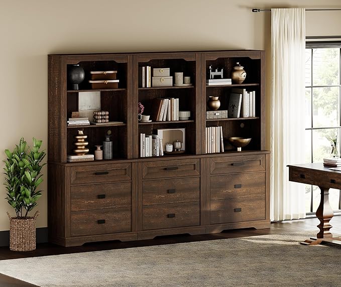 WAMPAT 3 Column 73.3" Tall Bookcase with Chest of Drawers, 94.5 inch Wide Standing Rustic Bookshelves, Modern Farmhouse Display Storage Cabinet with Adjustable Shelves,Dark Wood Brown