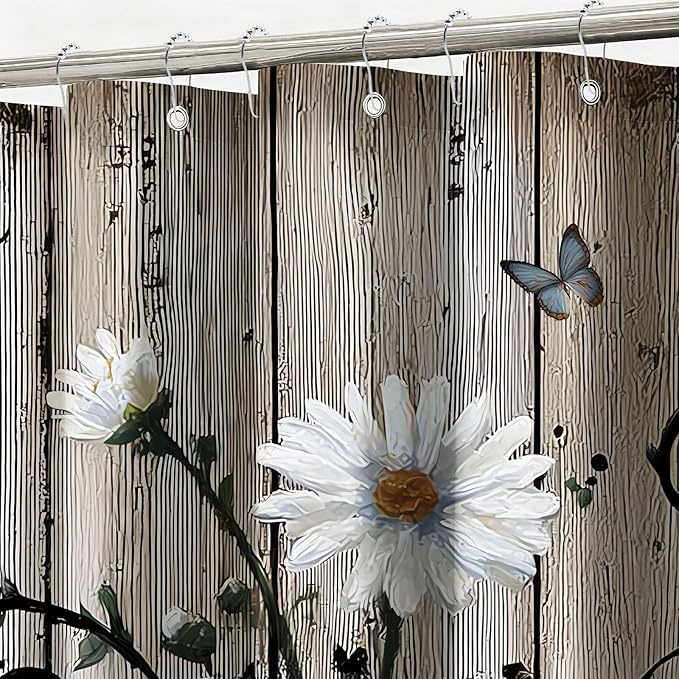 Rustic Grey Floral Shower Curtain Butterfly Flowers Shower Curtains for Bathroom Waterproof Fabric Bath Curtain Decor with Hooks