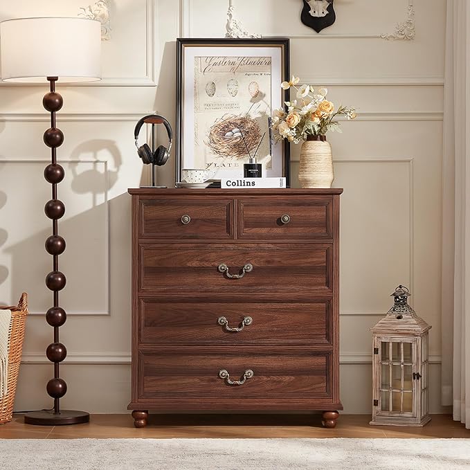Farmhouse 5 Drawer Dresser Set of 2 for Bedroom, 35" Tall Rustic Chests of Drawers w/ 4 Solid Wood Feet, Mid Century Vintage Wooden Closet Storage Dressers Organizer for Living Room,Brown