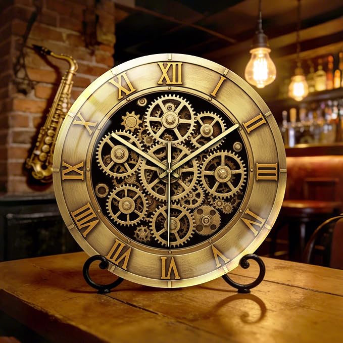 peacoblue Wall Clocks Battery Operated 12 Inch 3D Gear Glass Round Wall Clock Non Ticking for Kitchen Living Room Dining Room Bedroom and Bathroom Decor Accessories (Battery not Included)