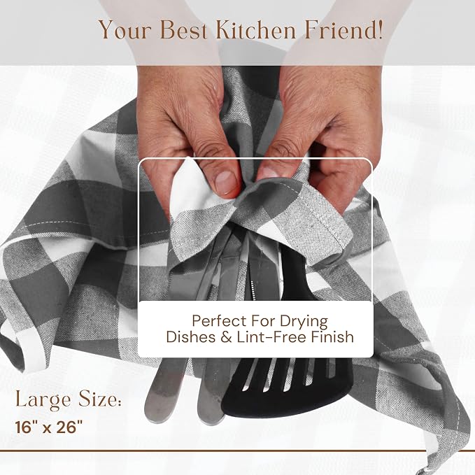 Grey Buffalo Check Plaid Kitchen Towels, 4 Pack, 100% Cotton, 16x26 Inches, Super Absorbent, Quick Dry, Soft, Lint-Free, Dish Drying & Cleaning Towels with Hanging Loop, Gray White