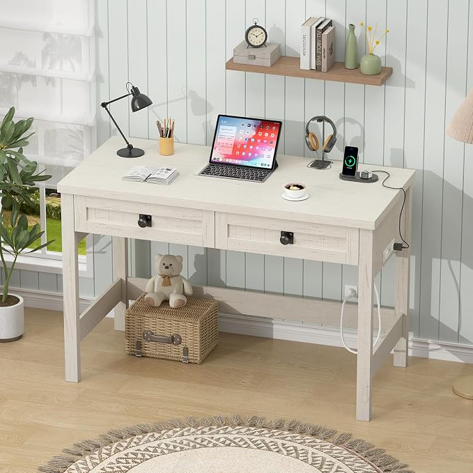 YOMILUVE Farmhouse Computer Desk with 2 Drawers, 39 Inch Small Office Computer Desk with Power Outlets, Compact Writing Study Vanity Desk for Small Spaces, White