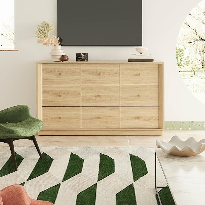 9 Drawer Dresser, Mid Century Modern Dresser with Storage, 55" Wide Chest of Drawers with Wood Grain Texture, Dressers TV Stand for Bedroom, Living Room, Hallway, Gold Oak