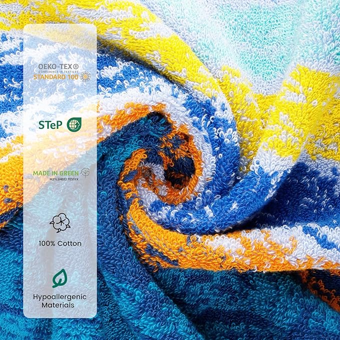 SEMAXE Bath Towel Set of 8 Include 2 Bath Towels, 2 Hand Towels, 4 Washcloths, 100% Cotton Bathroom Towels with Hanging Loops and Nano-Bio Lifecycle Labels,Colorful Towel - The Starry Night Collection
