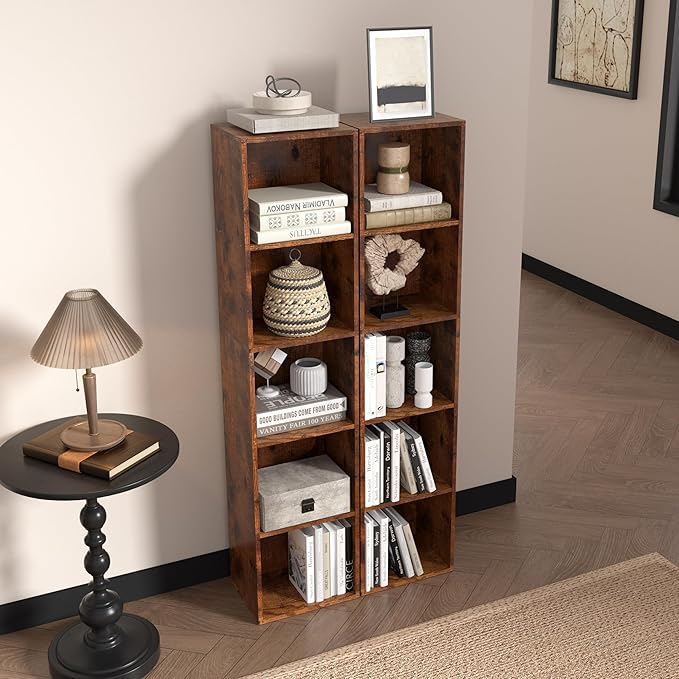 5-Tier Wooden Cube Storage Organizer, 52 Inch Tall Bookcase & Display Shelf with 5 Open Cubes, Freestanding DIY Closet Shelving Unit for Living Room Office(Retro Brown, 5 Cube-W(11.8inch)