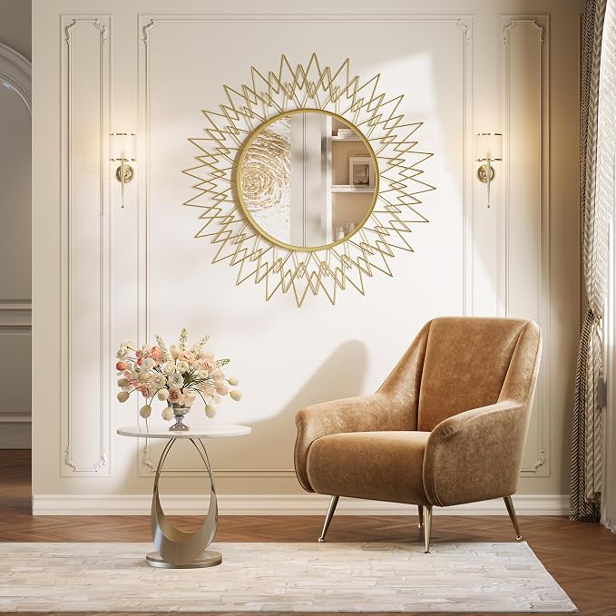 Large Sunburst Wall Mirror 36" - Vintage Gold Metal Frame Round Mirror for Wall - Mid Century Modern Statement Decorative Mirror for Living Room, Entryway, Fireplace Mantel