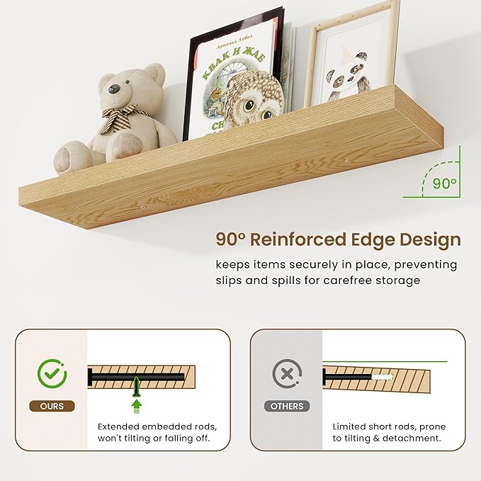 40in Floating Shelves for Wall, 40"W x 9.25"D x 1.25"H, 2 Pack Long Wall Mounted Engineered Wood Shelves with Invisible Brackets for Living Room, Bedroom, Bathroom, Kitchen Decor and Storage, Oak
