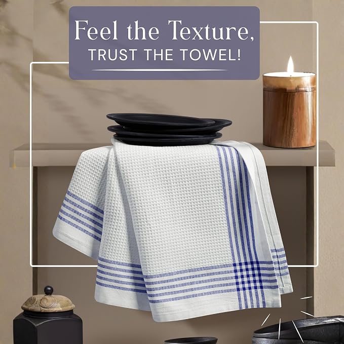 Waffle White & Indigo Blue Kitchen Towels 12 Pack, 100% Cotton, 16x26 inches, Premium Dish Towel, Long Lasting Bar Mop Cloths, Perfect for Drying Dishes, Cooking and Cleanup
