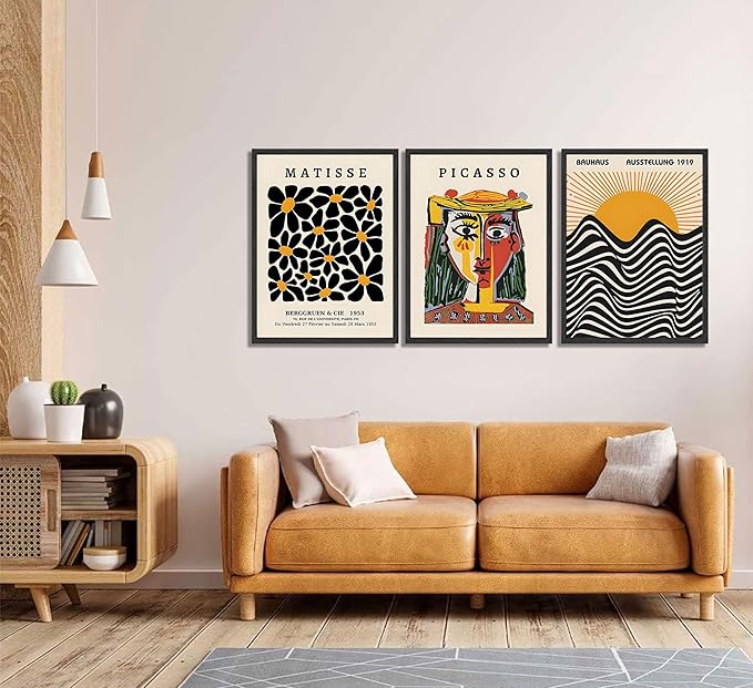 3 Pcs Picasso Matisse Bauhaus Wall Art Set Minimalist Geometric Canvas Paintings Orange Black Modern Minimalist Wall Decor Prints Posters Pictures Living Room Gallery Bedroom Decoration (Unframed,