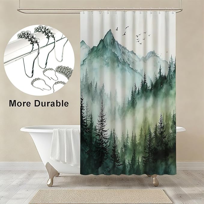 Mountain Tree Shower Curtain Watercolor Landscape Shower Curtains for Bathroom Waterproof Fabric Bath Curtain Decor with Hooks