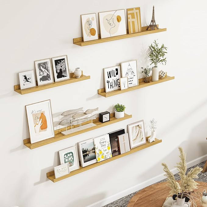 Fun Memories Picture Ledge Shelf, Floating Shelves Set of 4, 32 Inch Picture Shelves for Wall with Ledge, Large Nursery Book Shelf for Toys Storage, Living Room, Bedroom Decor Frames, Oak