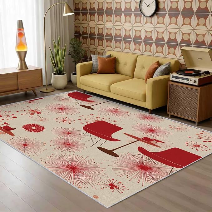 50s Retro Rug 6x8 60s 70s Mid Century Modern Pattern Area Rugs for Living Room, Bedroom, 50s Retro Home Decor Accessories Indoor Carpet, Non Slip & Machine Washable