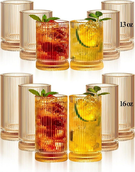 Ribbed Glassware Vintage Drinking Glasses 12Pcs Set （6 Highball Glasses 16Oz And 6 Rocks Glasses 13Oz） Amber Ribbed Glass Cups For Iced Coffee, Cocktails, Juice, Beer, Everyday Drinking