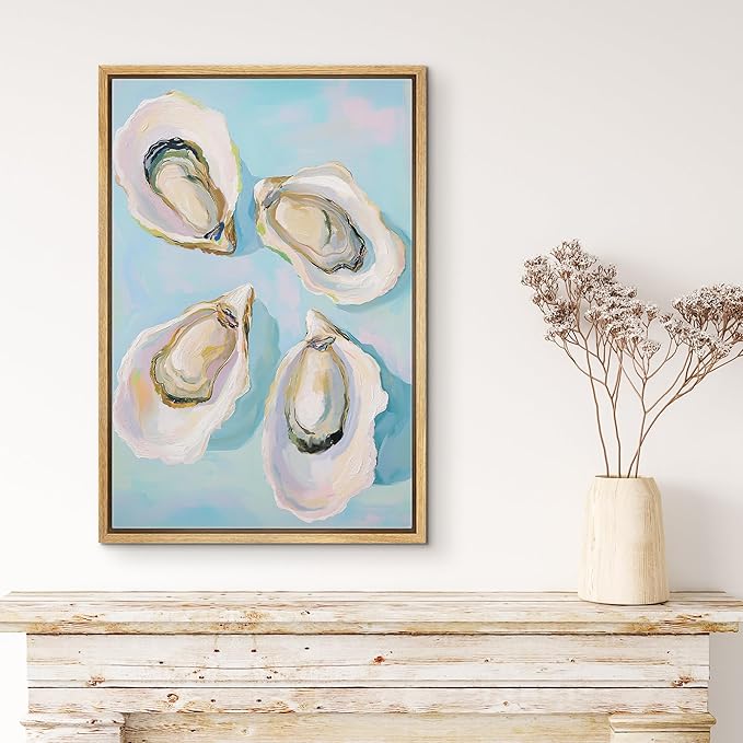 MUDECOR Framed Canvas Print Wall Art Colorful Oyster Shells Coastal Kitchen or Beach House Sea Illustrations Minimalism Decorative Bohemian Geometric Retro for Bedroom - 24"x36" Natural