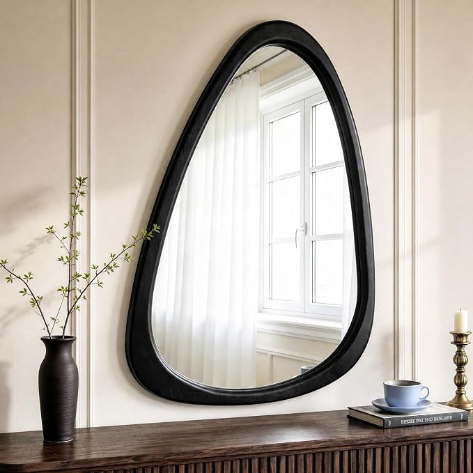 30" x 20" Asymmetrical Wall Mirror with Black Wood Frame, Irregular Wall Mirror for Bedroom Entryway Living Room, HD Tempered Glass, Horizontal or Vertical Hanging