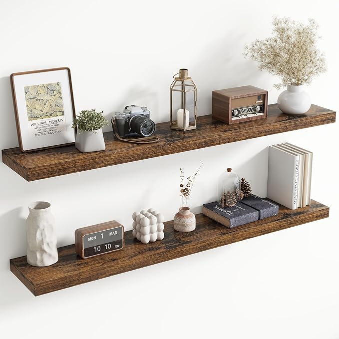 55 Inch Floating Shelves for Wall, 8 Inch Deep Floating Shelf for Storage & Display, Wall Mounted Shelf with Invisible Brackets for Living Room, Kitchen, Bathroom, Home Decor, Set of 2, Rustic Brown