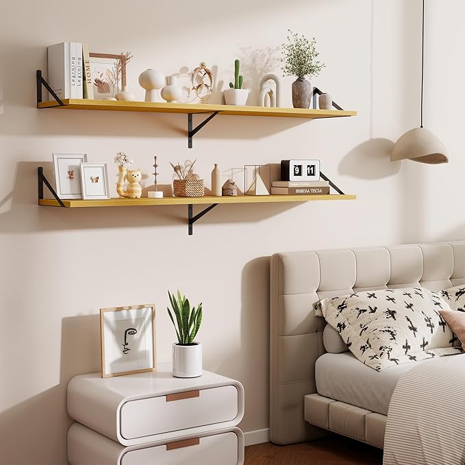 Deep Floating Shelves,55" Wx10 D Wood Wall Shelves Set of 2,Long Wood Floating Shelf with Metal Brackets,Floating Bookshelf for Living Room,Kitchen,Office,Bedroom,Decor Storage,Oak