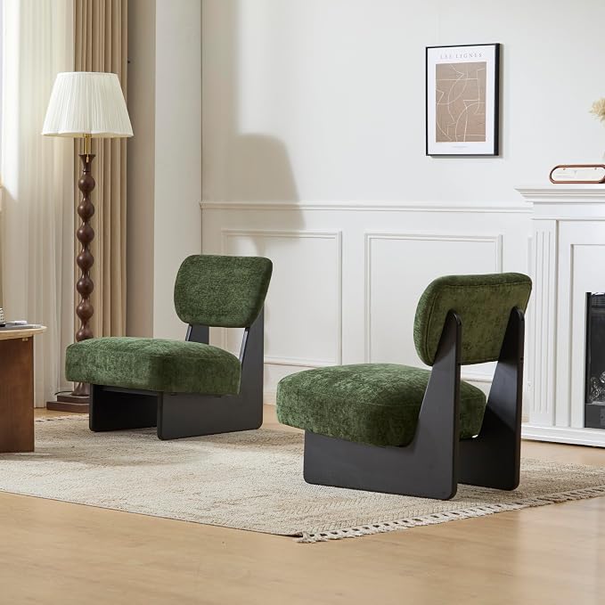 Accent Chairs Set of 2, Mid-Century Modern Chair with Polyester Upholstery, Wood Base with Walnut Finish, Minimalist and Stylish Accent Seating for Living Room, Bedroom, Balcony (Black+Green)