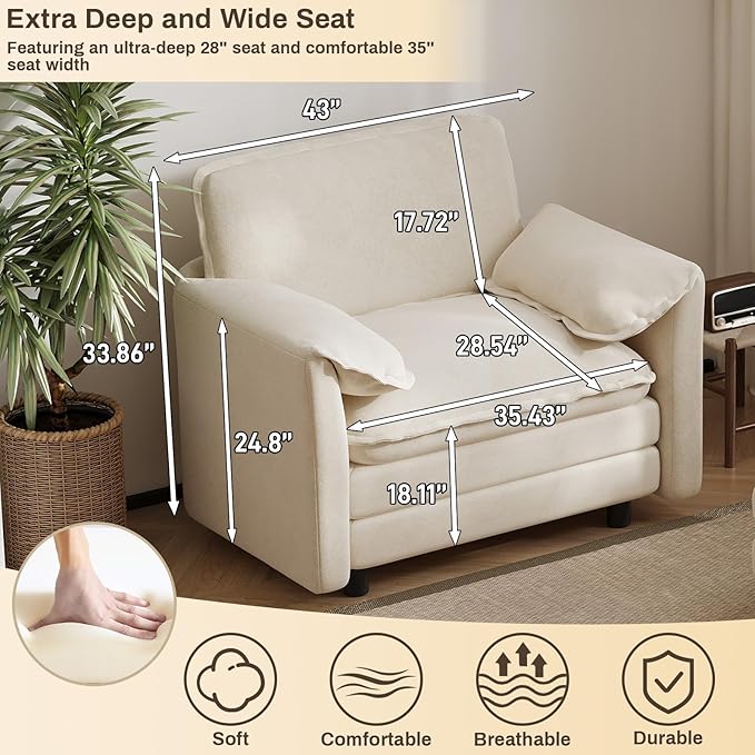 Oversized Chaise Lounge Chair Indoor with Ottoman, Firm Solid Wood Frame with Long Service Life Chenille Oversized Lounge Reading Chair for Study Room - Beige White