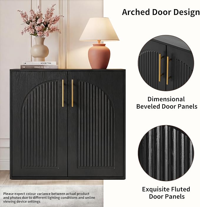 Fluted Sideboard Buffet Cabinet with Storage, Arched Doors & Adjustable Shelves, Modern Accent Credenza, Anti-Tip Console Cabinet for Living Room, Entryway, Hallway & Kitchen, Black