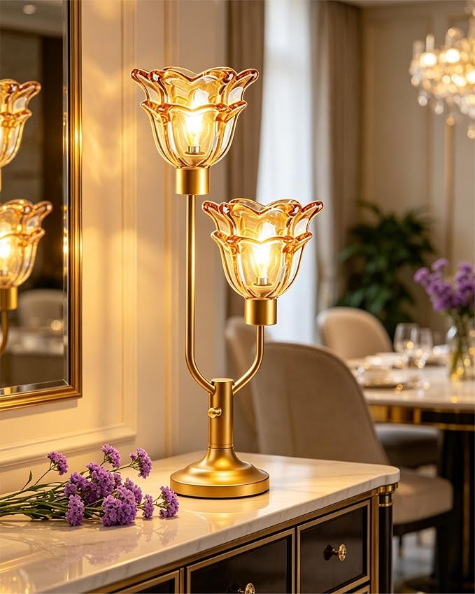 Lightdot Mid Century Modern Flower Table Lamp for Living Room Dimmable Nightstand Lamp Amber Glass Vintage Gold Desk Lamp 2 Bulbs Included Warmwhite Ambient Bedside Lamp for Bedroom Home Office Decor