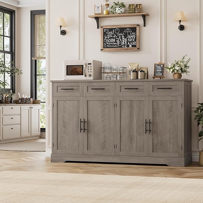 HOSTACK 60" Large Buffet Sideboard with Storage, 36" Tall Kitchen Buffet Storage Cabinet with 4 Drawer, Modern Coffee Bar Cabinet with Black Handle, Long Sideboard Table for Living Room, Ash Gray