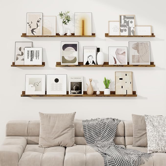 RICHFOCUS Picture Ledge Shelf, 24 inch Floating Shelves Set of 2, Wood Wall Shelves with Lip, Wall Decor Storage for Bedroom Living Room Bathroom Kitchen Nursery Photo Picture, Rustic Brown