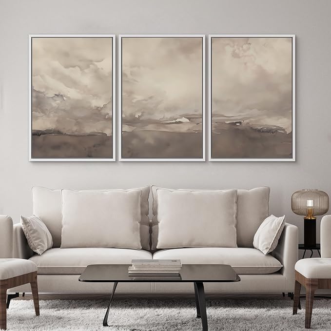 SIGNWIN Framed Canvas Print Wall Art Set Neutral Cloudy Sky Landscape Soft Beige and Taupe Illustrations Modern Art Decorative Boho Relax/Zen Nordic for Living Room, Bedroom, Office - 16"x24"x3 White