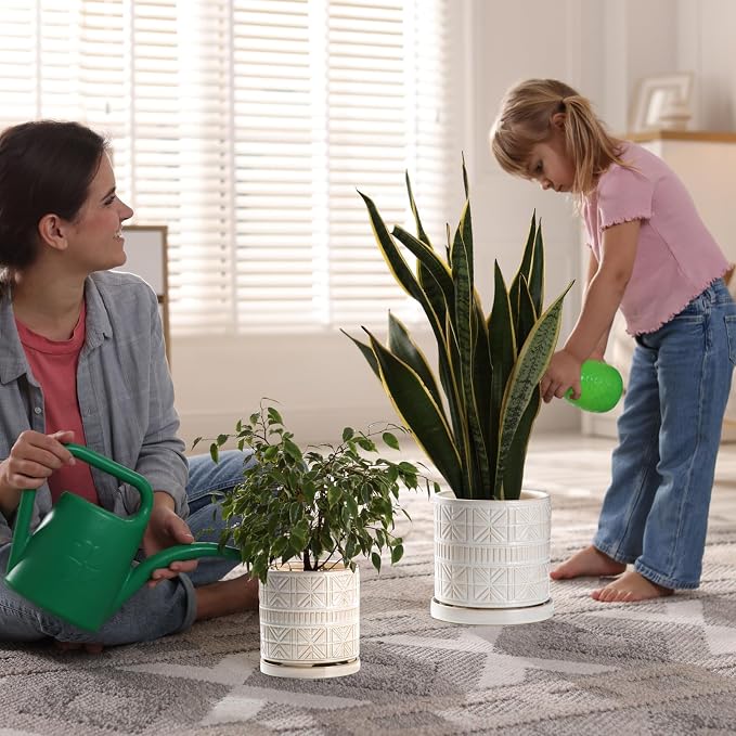 Ceramic Plant Pots Indoor-Outdoor: 6 Inch Embossed Planters with Drainage Hole & Saucer - Modern Decorative Flower Pots for Home Garden Patio Office Decor