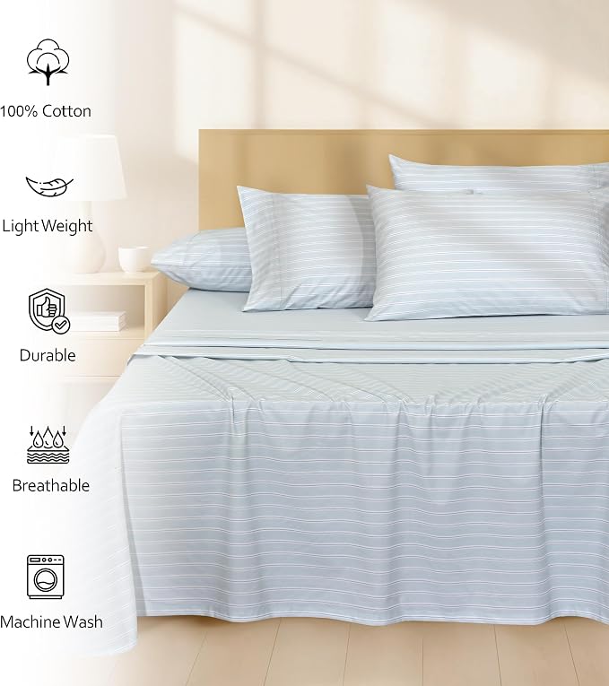 RUVANTI 100% Cotton Percale Sheets Full Size 6 Piece Set, Cooling Bed Sheets for Hot Sleepers, Deep Pocket 16”, Breathable Lightweight & Durable, Crisp Hotel Style Sheets, Horizon Stripes