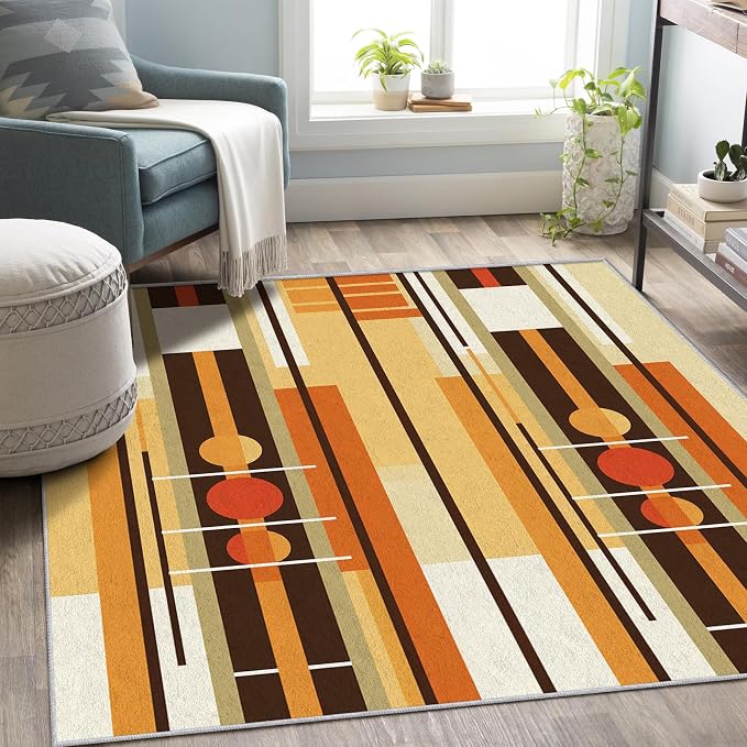 Contemporary Geometric Rug 8x10, Washable Retro Stripe Rugs for Living Room Bedroom, Mid Century Modern Area Rug for Home Decor, Non Slip Backing Floor Carpet with Gripper - 8 x 10 ft