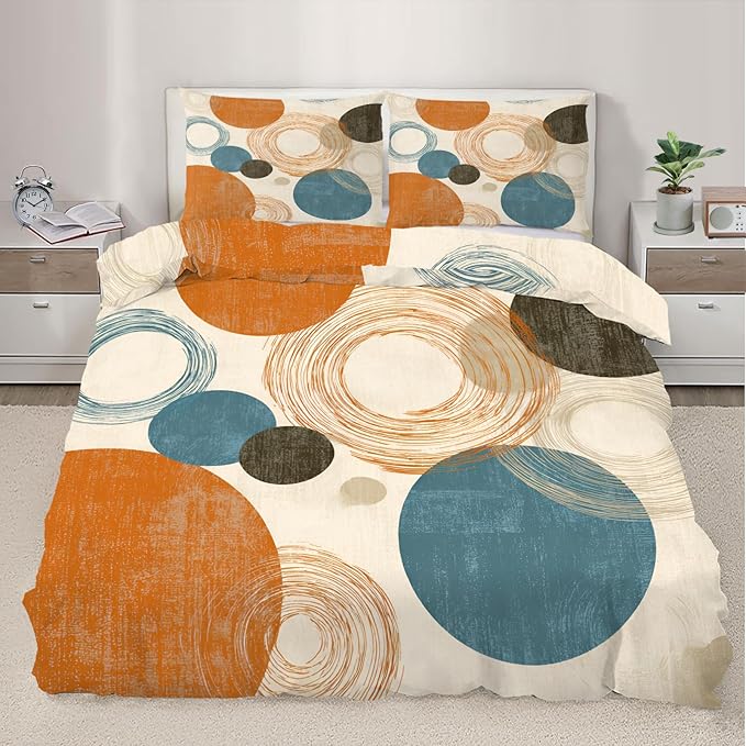 Retro Medieval Duvet Cover Twin Abstract Geometric Bedding Set 2 Piece for Kids Decor Rural Farmhouse Comforter Cover and 1 Pillow Sham with Zipper Closure