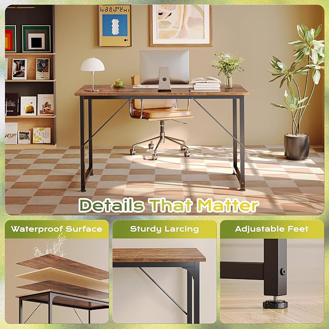 PRAISUN 47 Inch Computer Desk, Home Office Desk with Spacious Desktop, Modern Gaming Desk, Writing Study Table for Bedroom, Small Spaces, Work from Home Desk with Metal Frame, Rusitc Brown