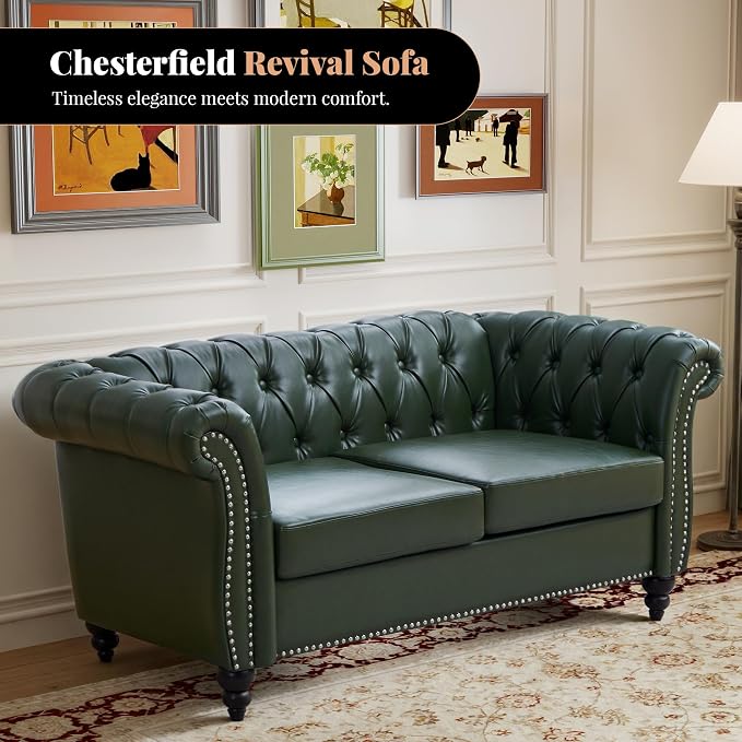 LEVNARY Chesterfield Loveseat, 2 Seater Tufted Couch for Living Room, Classic Button Tufted Upholstered Sofa, Modern Mid-Century PU Leather Loveseat (Green)