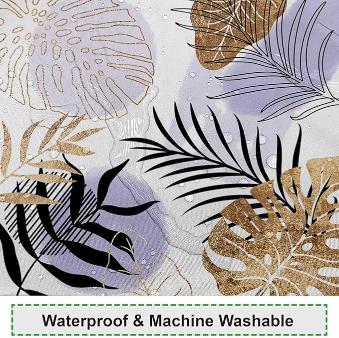 Purple Boho Chic Shower Curtain 72Wx96H Mid Century Geometric Black Golden Abstract Leaves Minimalist Aesthetic Modern Art Fabric Waterproof Home Bathroom Decor 12 Plastic Hooks