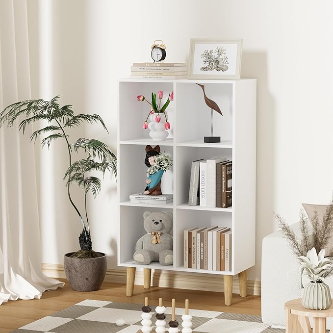 6 Cube Bookcase, Wooden Book Shelf Cube Storage Organizer with Legs, 3 Tier Bookshelf Freestanding Open Shelves for Bedroom, Living Room and Home Office (White, 6 Cube Vertical)