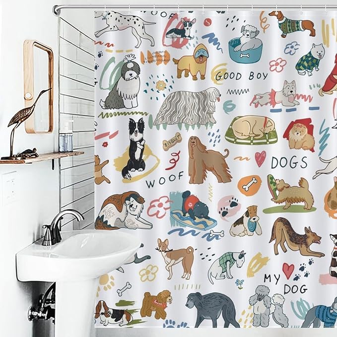Dog Print Shower Curtain Different Types Cartoon Puppy Dog Pattern Duty Fabric Shower Curtains Set Bathroom Polyester Waterproof with 12 Hooks, 66x72Inch（168x183cm）