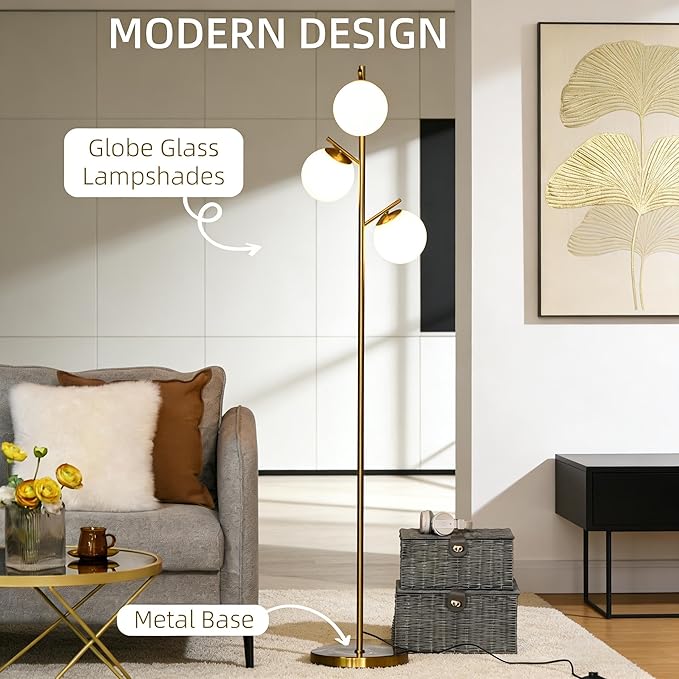 3-Light Tree Floor Lamp, Metal and Glass Modern Standing Lamp for Living Room Bedroom Office, 66.5" H, Gold and White