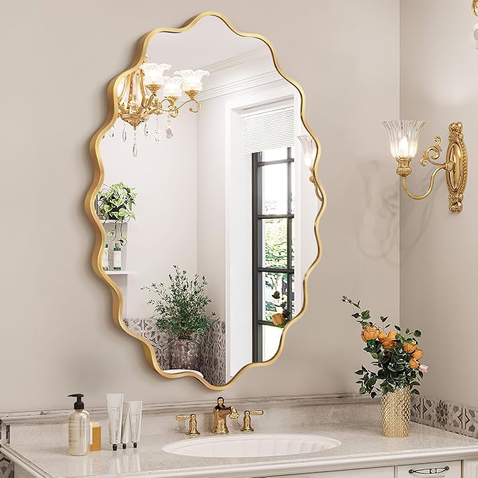 Oval Wavy Wall Mirror -Irregular Wall Mirror with Gold Asymmetrical Aluminum Alloy Frame,22"x30" Decorative Wall Mirrors for Bathroom, Bedroom, Living Room, Dining Room，Entryway