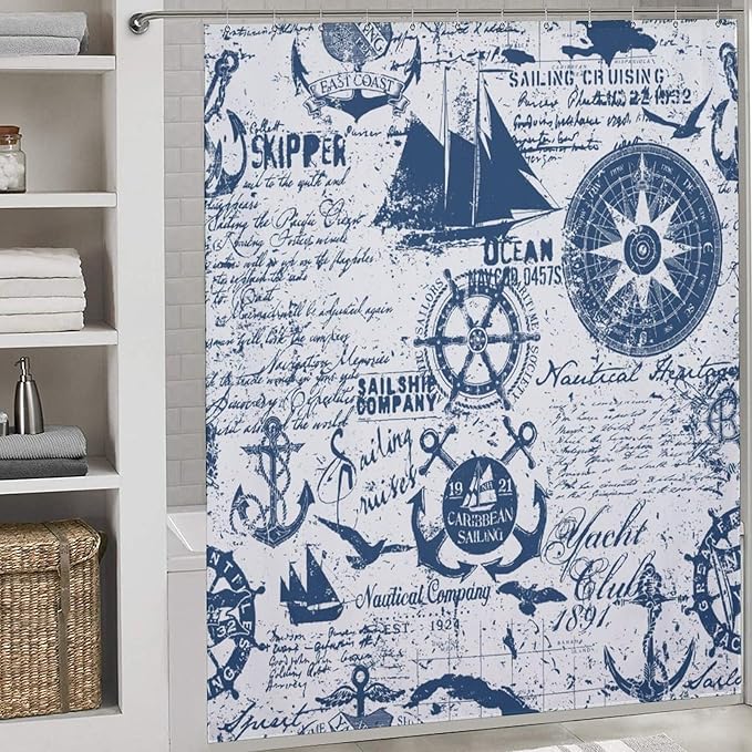 Nautical Map Shower Curtain,Lighthouse Sailboat Compass Anchor Coastal Shower Curtain for Bathroom Polyester Fabric Ocean Themed Bathroom Decor Set with Hooks,72x84Inch