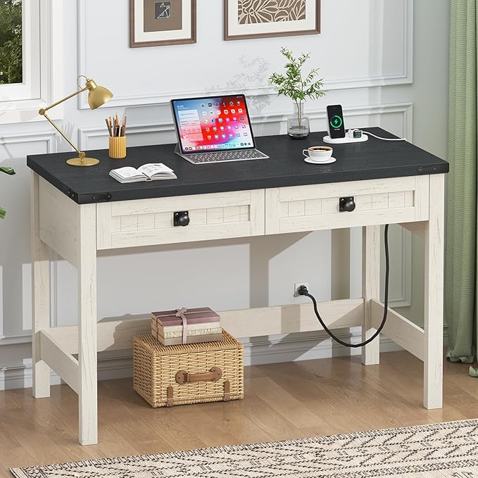 YOMILUVE Farmhouse Computer Desk with 2 Drawers, 39 Inch Small Office Computer Desk with Power Outlets, Compact Writing Study Vanity Desk for Small Spaces, Black and White