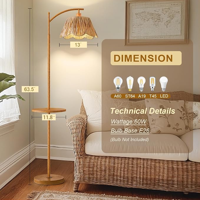 Oneach 63.5" Floor Lamp with Table for Living Room, Boho Rattan Standing Lamps with Foot Switch, Farmhouse Floor Lamp for Bedroom, Arc Tall Lamp with Metal Base&Pole, Bulb not Included, Woodgrain