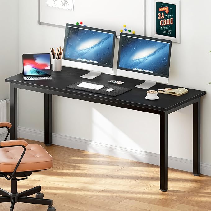 DlandHome Computer Desk, 63 Inch Home Office Desk, Gaming Writing Work from Home Study Desk with Thicken Frame & Large Legroom, Modern Simple Workstation Business Furniture for Home Office, Black