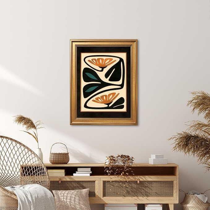 Vintage Gold Framed Abstract Floral Wall Art Mid Century Modern Botanical Poster Darkness Geometric Canvas Painting Print Retro Minimalist Home Decor for Bedroom Office 16x24inch