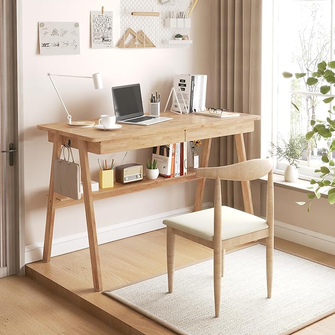 Solid Wood Desk with Drawers - 47.2 Inch Writing Desk with Drawers & Storage Shelf, Simple Modern Study Table, Home Office Computer Desks for Bedroom & Home, Natural Boho Desks