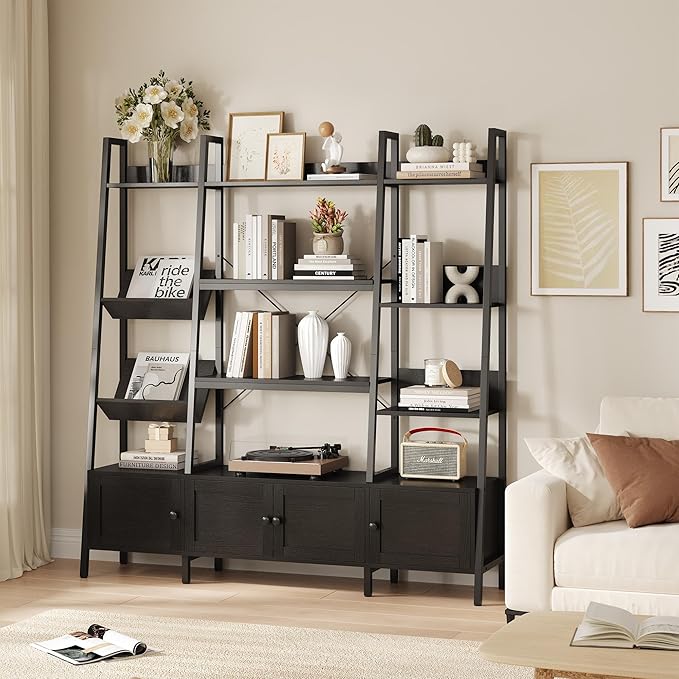kepptory Large Ladder Bookshelf with 3 Storage Cabinets, Triple Wide 4-Tier Open Bookcase with Storage for Living Room, Bedroom, Home Office, Black