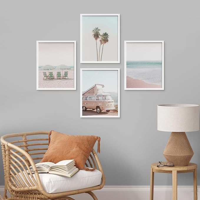 SIGNWIN Framed Collage Print Gallery Set 1980s Retro Miami Wall Art, Set of 4 Beach Landscape Wall Decor Prints, Nature Wilderness Wall Décor for Living Room, Bedroom - 8"x10" White